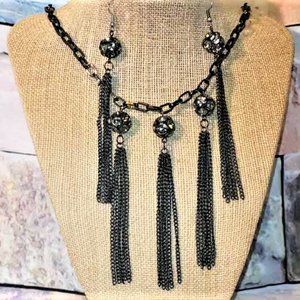 Elegant Vintage VCLM Jeweled Balls w/Gunmetal Chain Tassels Necklace Ear…